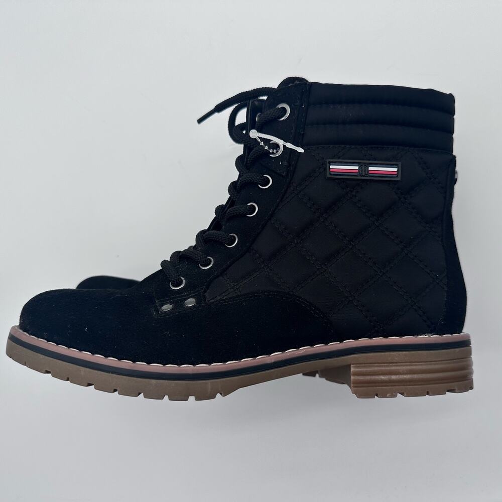 Tommy Hilfiger Black Quilted Lace-Up Heeled Boots with Brown Sole